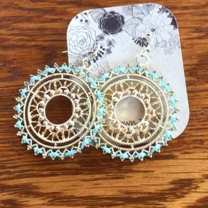 Om Designs Circle in A Circle Starburst Goldtone Turquoise Threaded Earrings